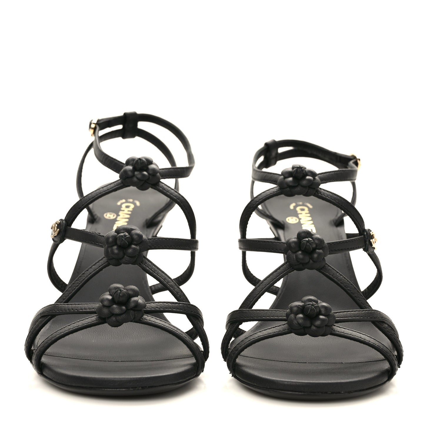 Calfskin Camellia Sandals 37 Black