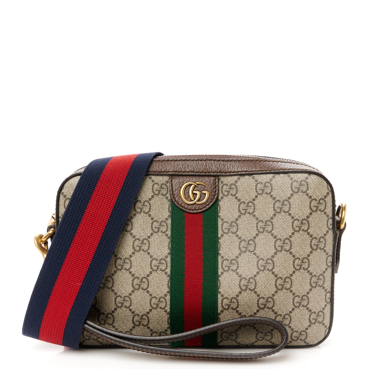 GG Supreme Monogram Textured Dollar Calfskin Web Ophidia Wristlet Shoulder Bag Beige Ebony New Acero