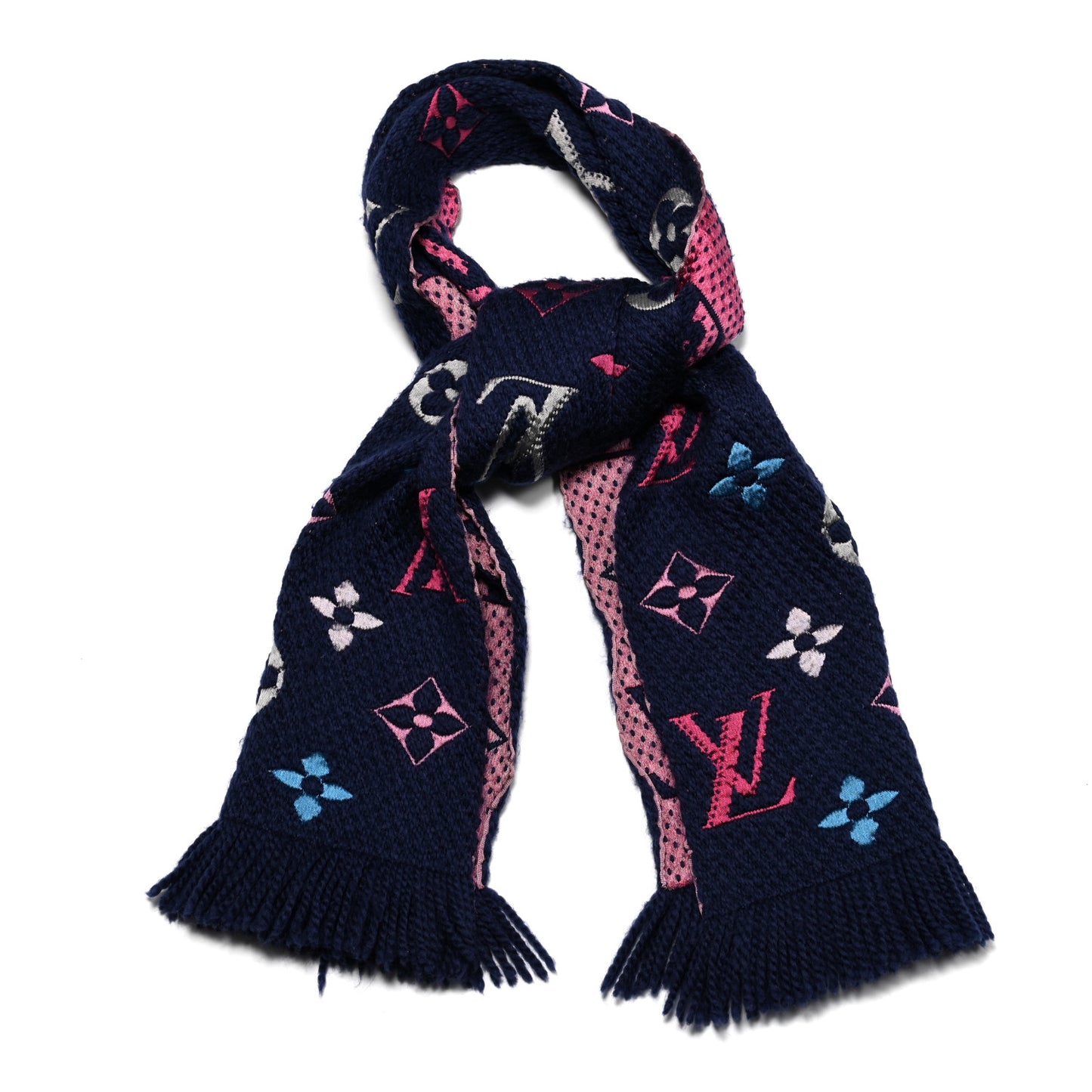 Wool Silk Rainbow Logomania Scarf Navy