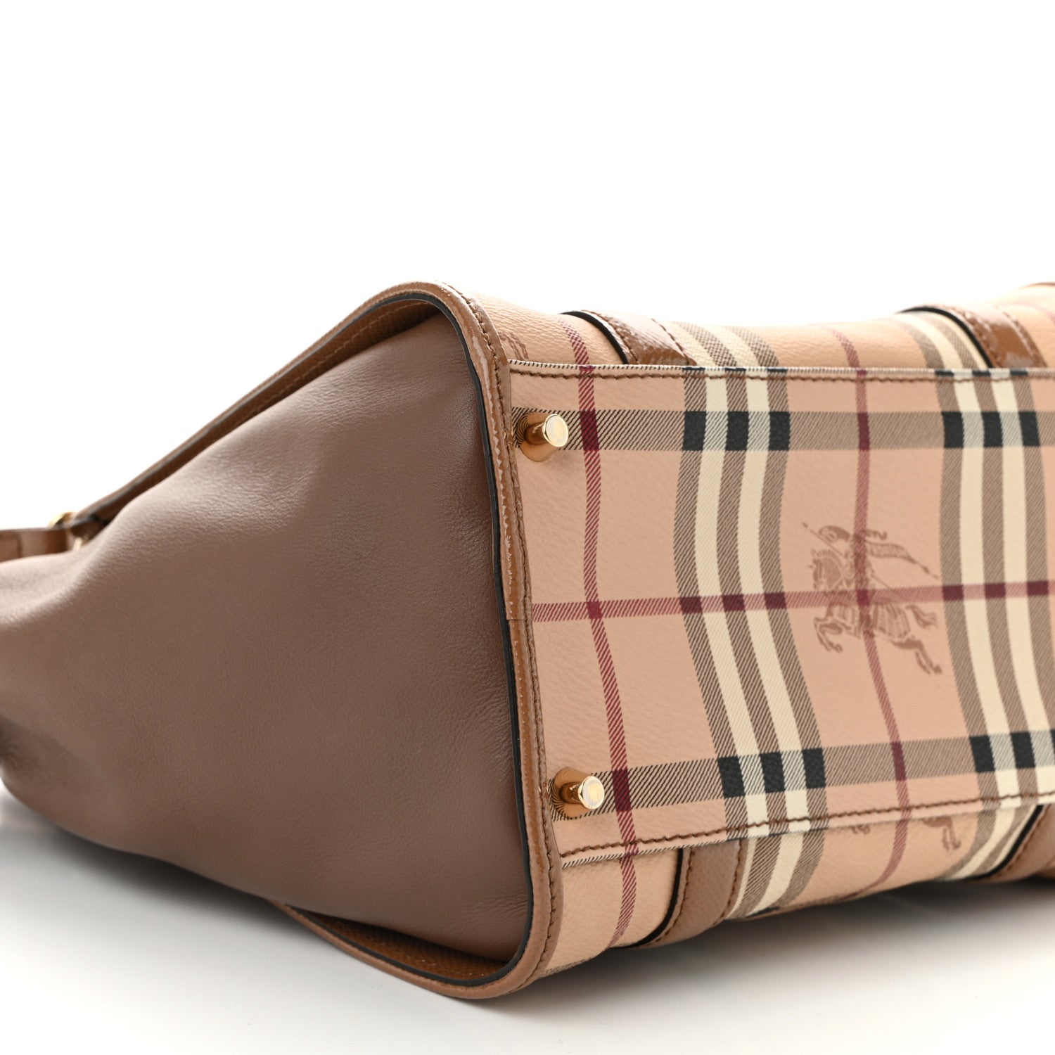 Burberry Patent Haymarket Check Small Dinton Tote Mid Camel