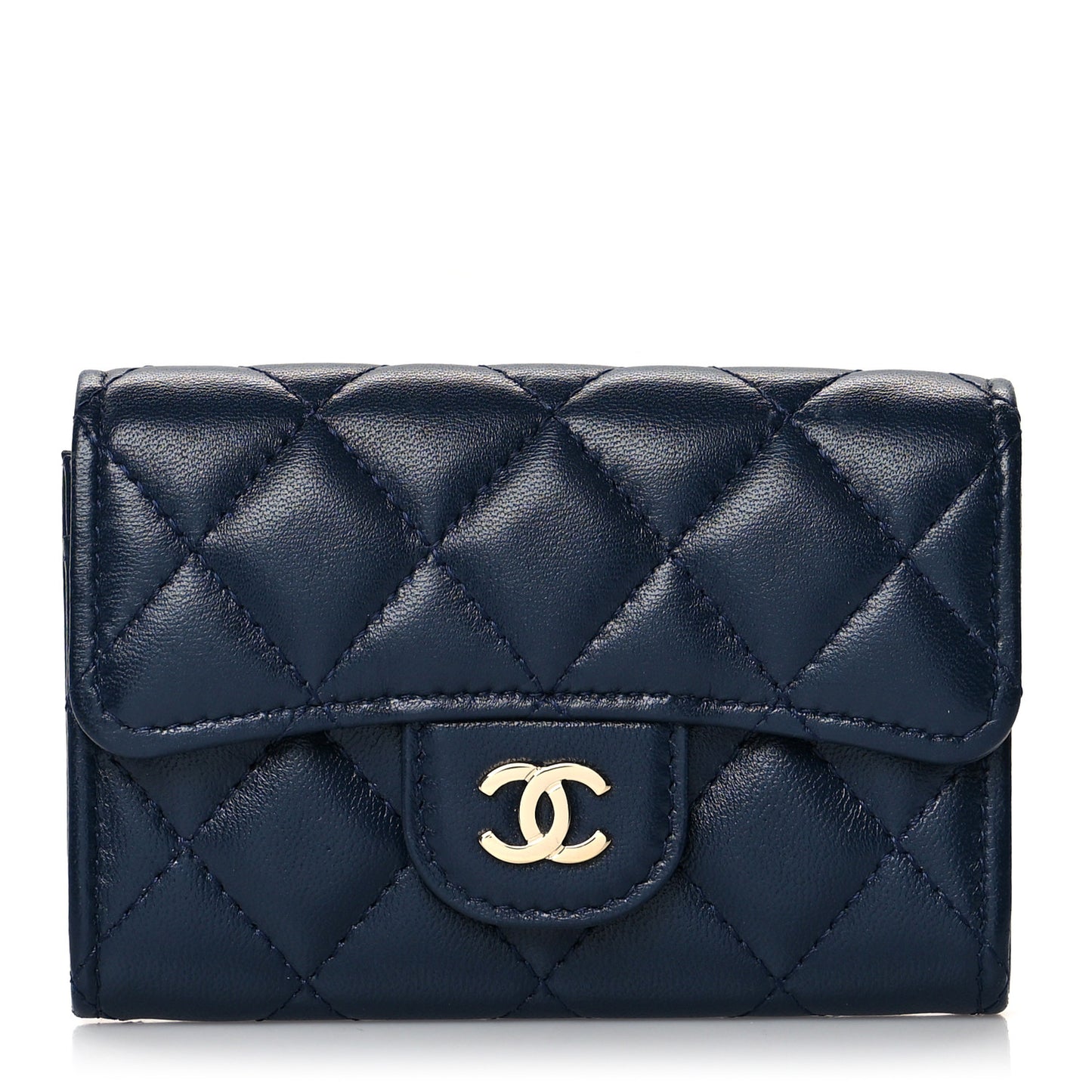 Lambskin Quilted Flap Card Holder Wallet Navy