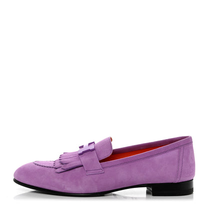 Hermes Suede Goatskin Womens Royal Loafers 37.5 Violet Parme 1 of 8