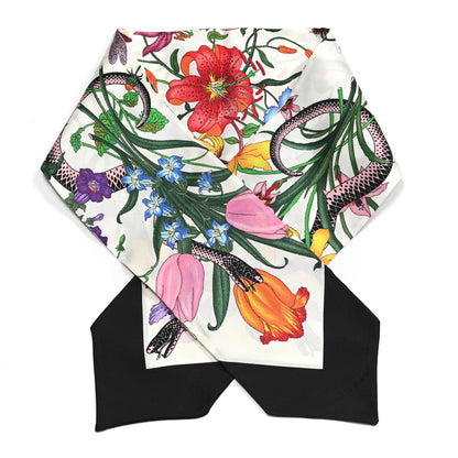 Gucci Silk Twill Flora Snake Neck Bow Scarf Ivory Black 1 of 5