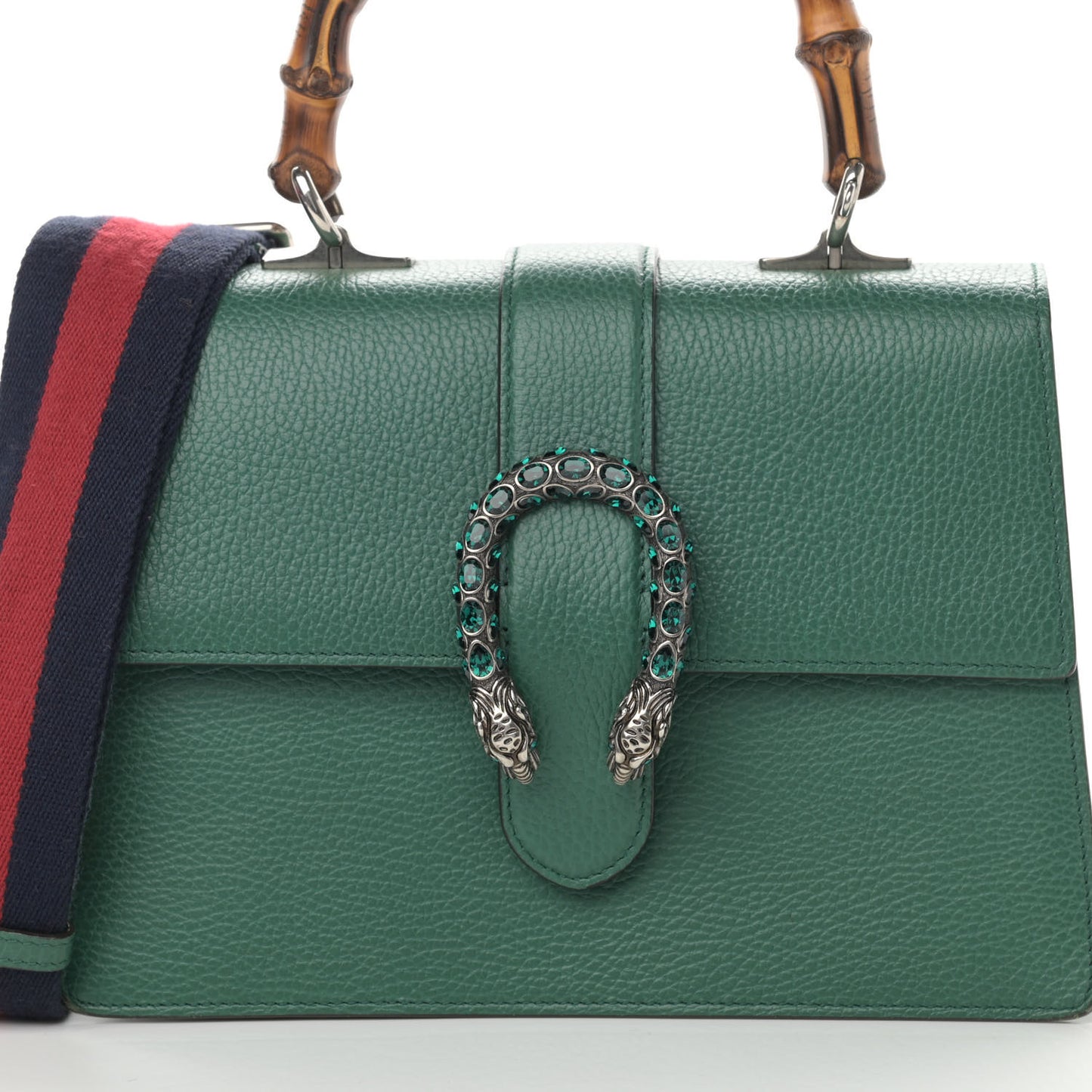 Dollar Calfskin Crystal Web Medium Dionysus Bamboo Top Handle Bag Emerald