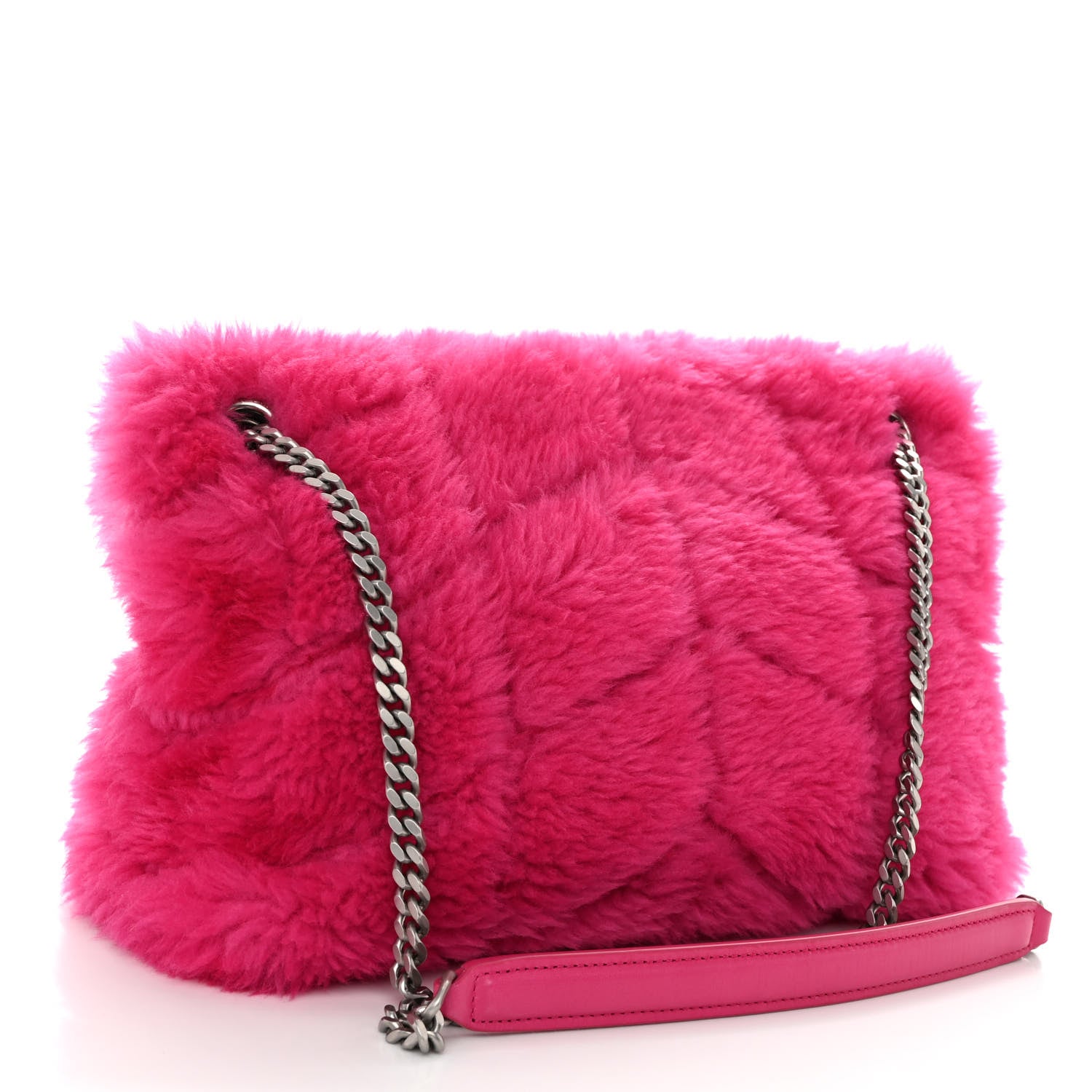 Saint Laurent Merino Shearling Lambskin Quilted Small Loulou Puffer Monogram Chain Satchel Fuchsia 3 of 9