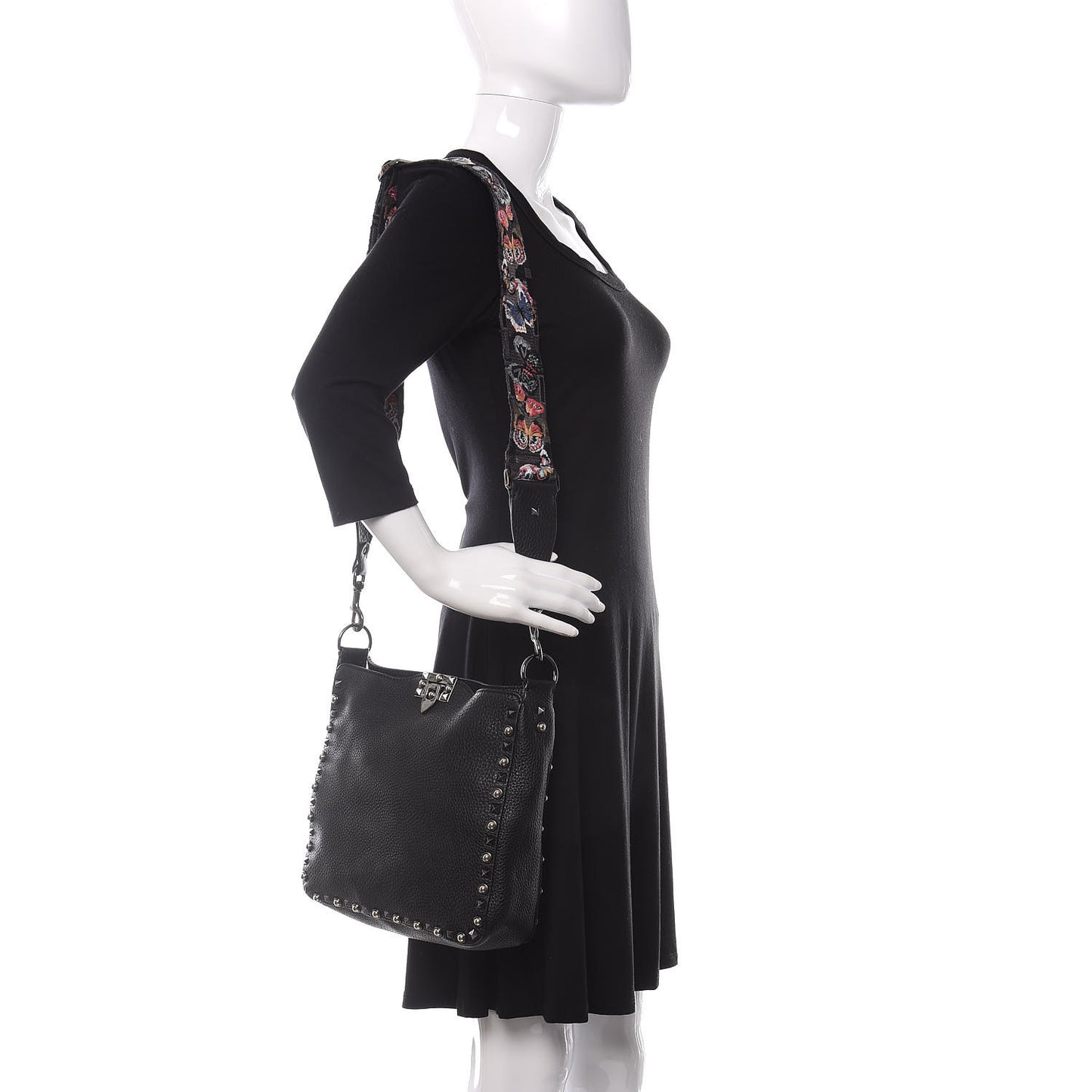 Pebbled Calfskin Butterfly Small Guitar Strap Rockstud Rolling Flip-Lock Messenger Bag Black