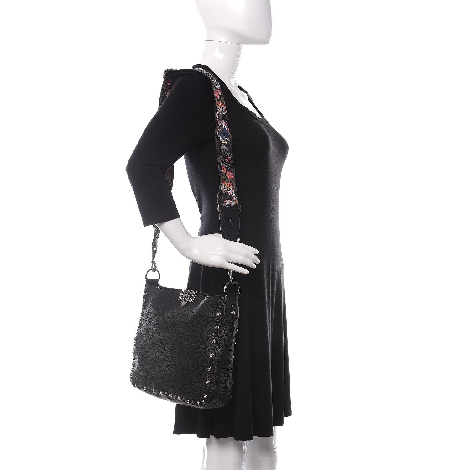 Valentino Garavani Pebbled Calfskin Butterfly Small Guitar Strap Rockstud Rolling Flip-Lock Messenger Bag Black 2 of 9