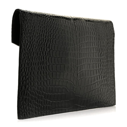 Saint Laurent Calfskin Crocodile Embossed Uptown Monogram Clutch Black 3 of 10