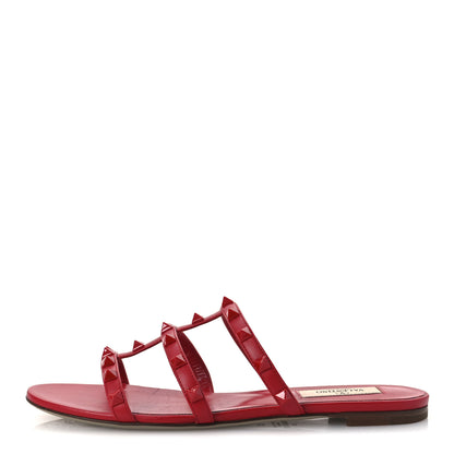 Valentino Garavani Nappa Lacquered Monochrome Rockstud Caged Flat Slide Sandals 37 Rouge Pur 1 of 12