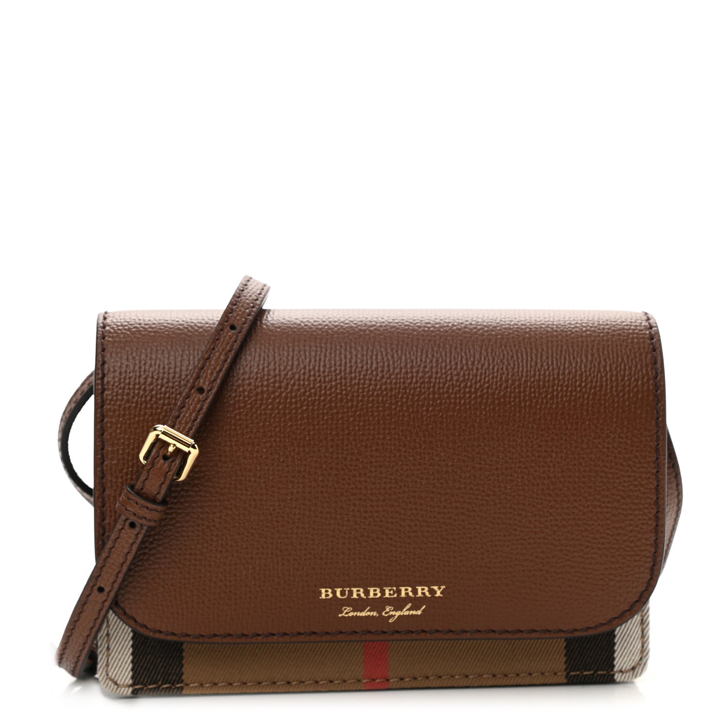 Burberry Derby Calfskin House Check Wallet On Chain Brown 1 of 8