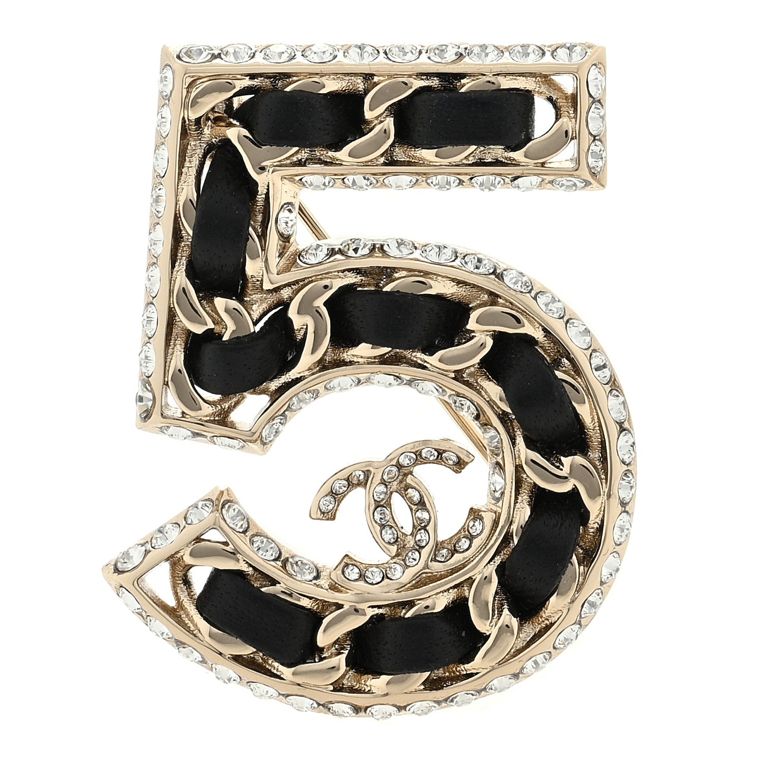 Chanel Lambskin Crystal 5 CC Brooch Black Gold 1 of 3