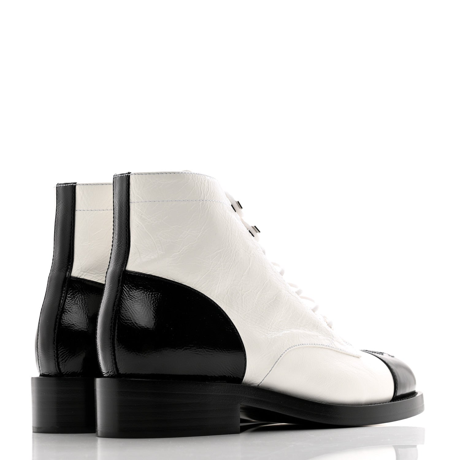 Chanel Distressed Patent Cap Toe Combat Boots 41 White Black 4 of 9