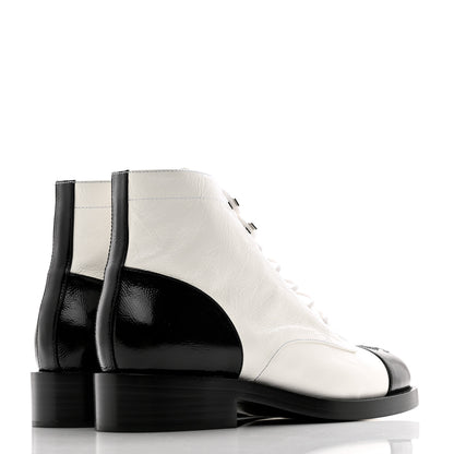 Chanel Distressed Patent Cap Toe Combat Boots 41 White Black 4 of 9