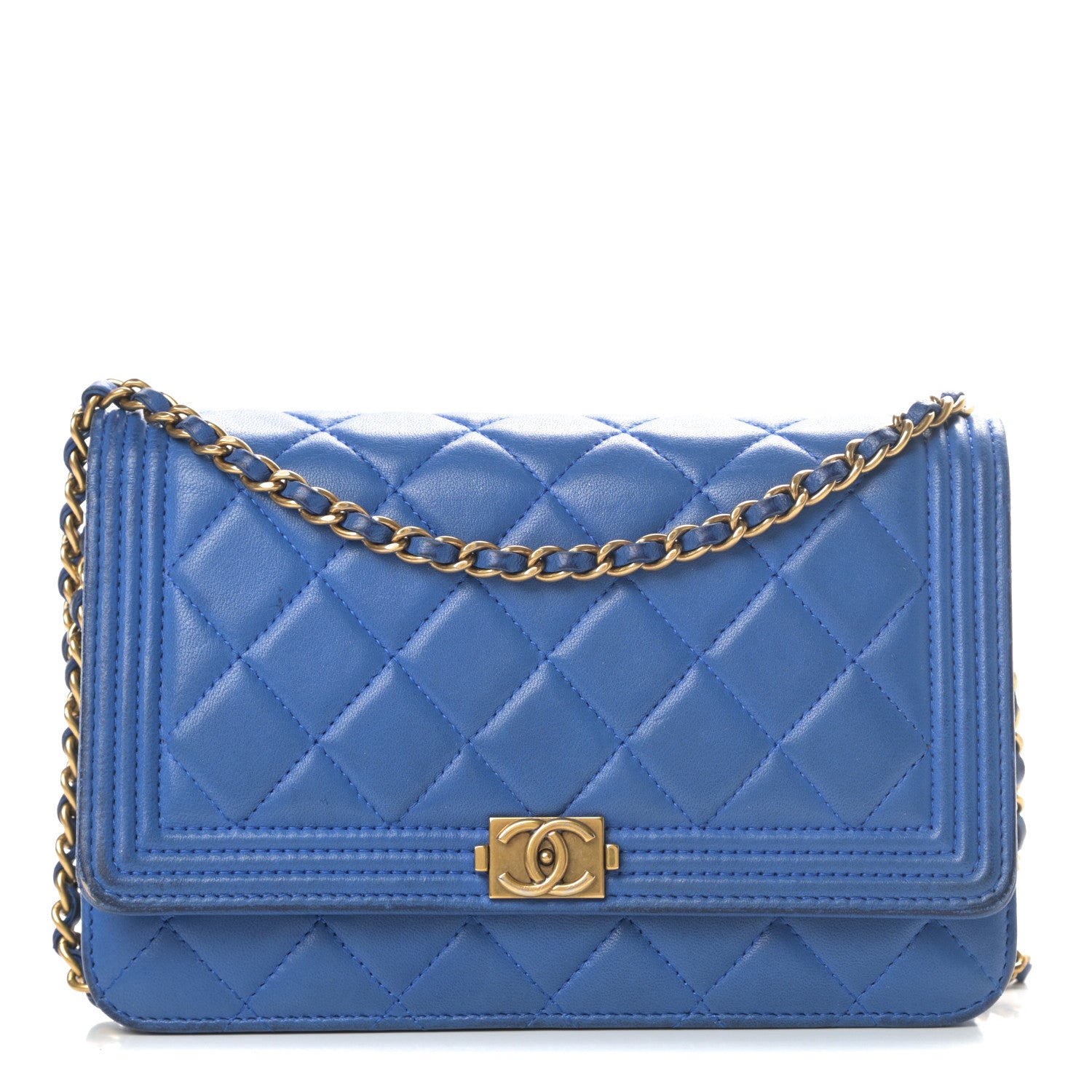Chanel Lambskin Quilted Boy Wallet On Chain WOC Blue 1 of 21