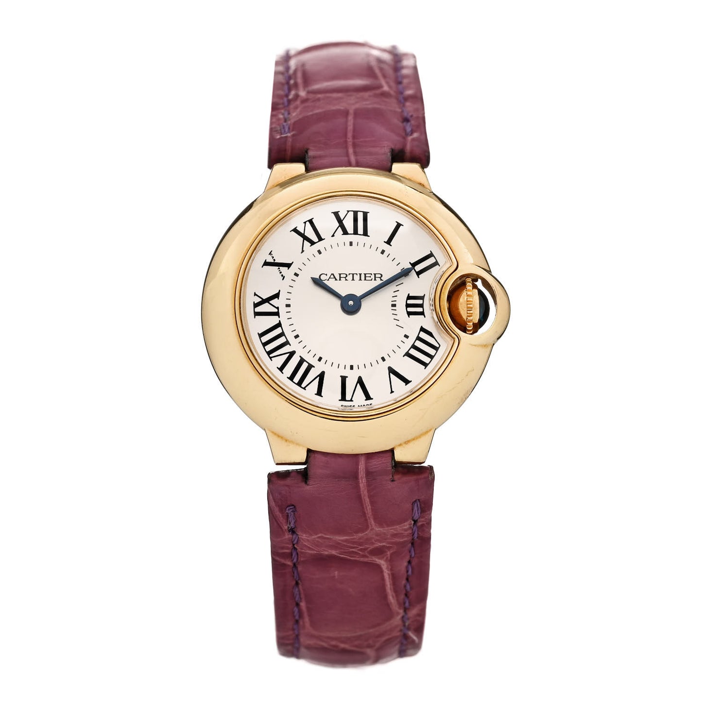 18K Yellow Gold Alligator 28mm Ballon Bleu De Cartier Quartz Watch Purple