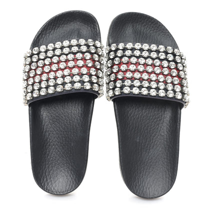 Gucci Calfskin Crystal Embellished Web Slide Sandals 36 Blue Red 2 of 8