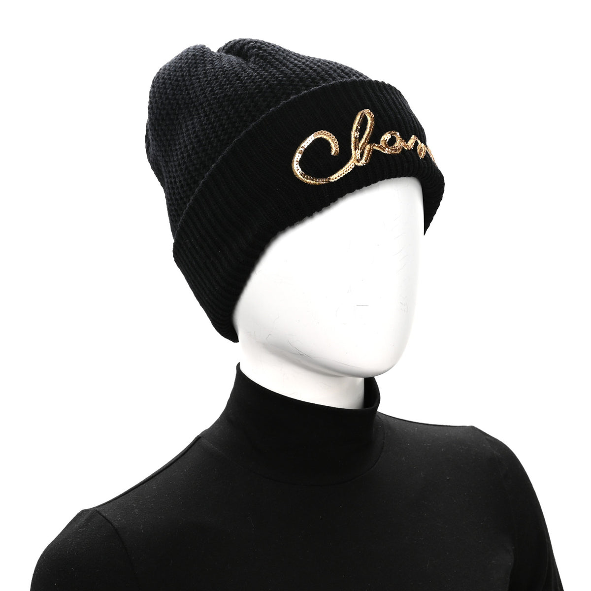 Chanel Cashmere Sequin Logo Beanie Hat Black Gold 4 of 5