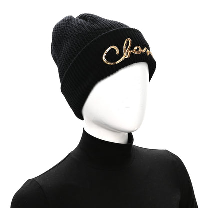 Chanel Cashmere Sequin Logo Beanie Hat Black Gold 4 of 5