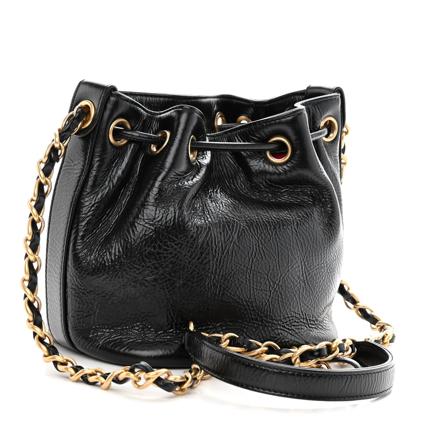 Shiny Aged Calfskin CC Chain Mini Drawstring Bag Black