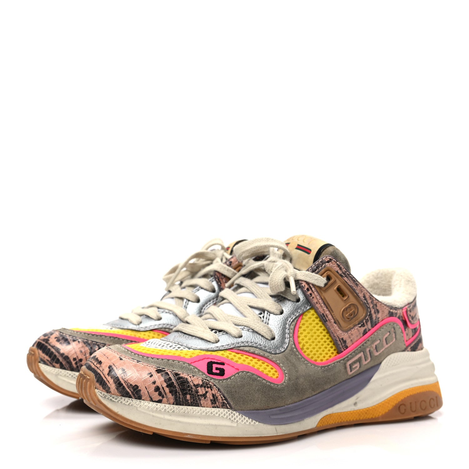 Gucci Suede Calfskin Tejus Printed Womens Ultrapace Sneakers 36.5 Pink Silver Oatmeal Yolk 3 of 7