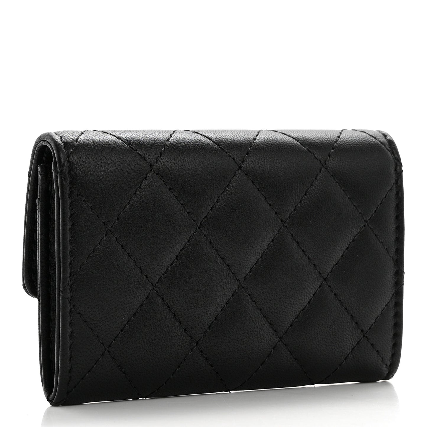 Lambskin Pearl Enamel Quilted Flap Card Holder Black