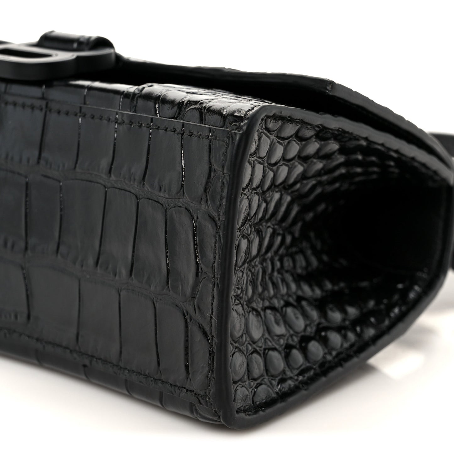 Shiny Calfskin Monochrome Crocodile Embossed Hourglass Top Handle Bag XS Black