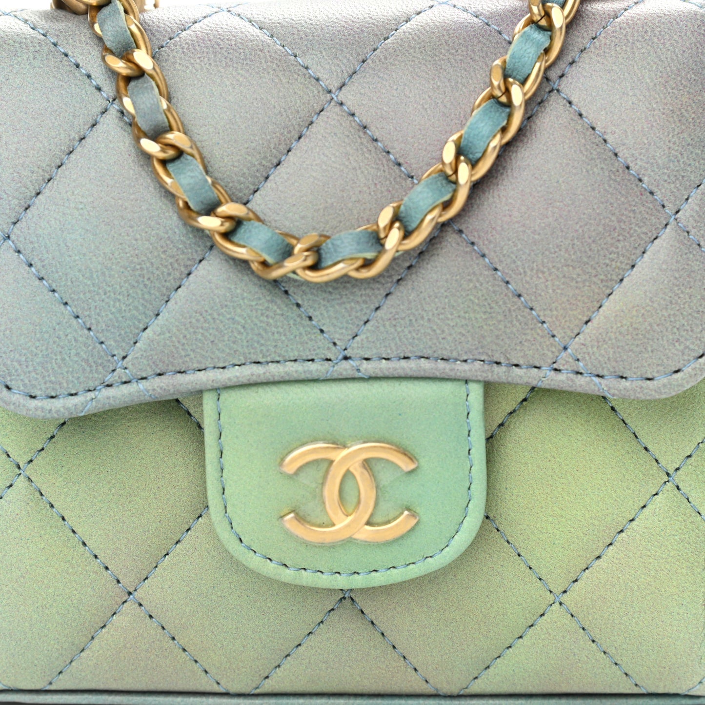 Lambskin Quilted Ombre Top Handle Flap Clutch With Chain Green Purple