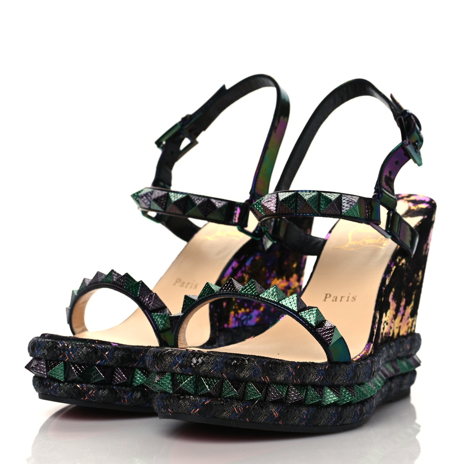 Christian Louboutin Patent Calfskin Dark Rainbow Print Pyraclou 110 Wedge Sandals 40 Black Multicolor 3 of 7