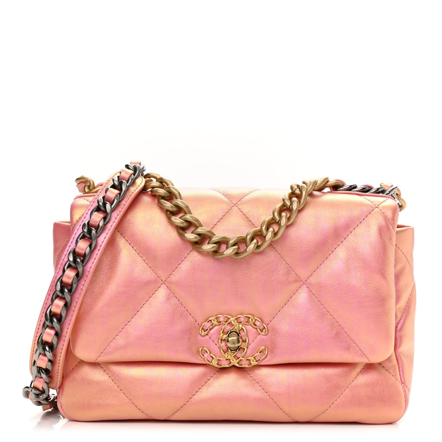 Iridescent Calfskin Quilted Medium Chanel 19 Flap Pink