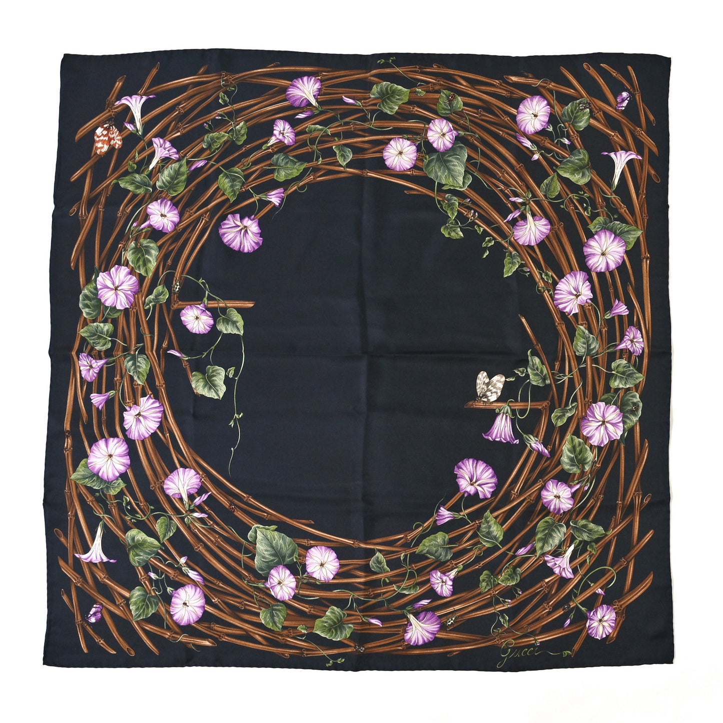 Silk Floral Print Scarf Black Multicolor
