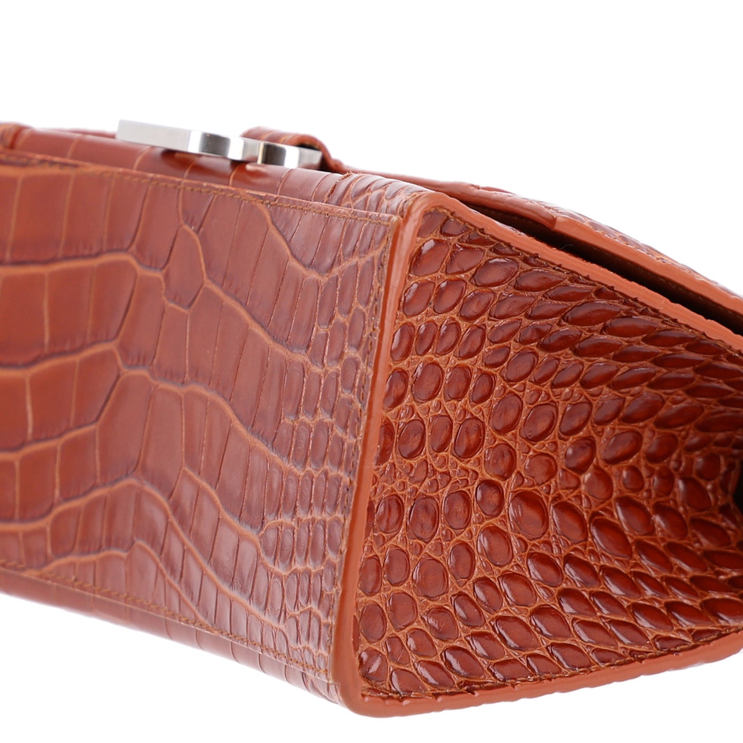 Shiny Calfskin Crocodile Embossed Small Hourglass Top Handle Bag Camel