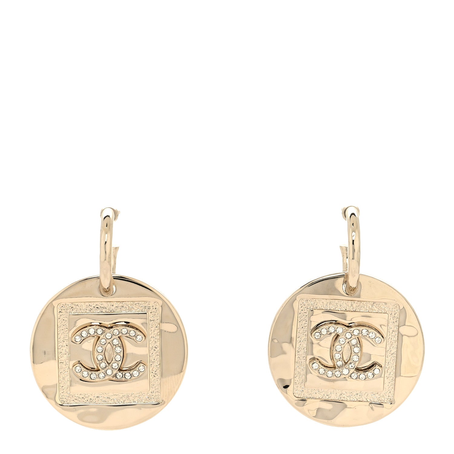 Chanel Metal Crystal CC Hoop Drop Earrings Gold 1 of 4