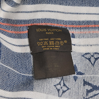 Louis Vuitton Silk Wool Monogram Mattress Stripes Shawl Blue Jean Orange 4 of 4