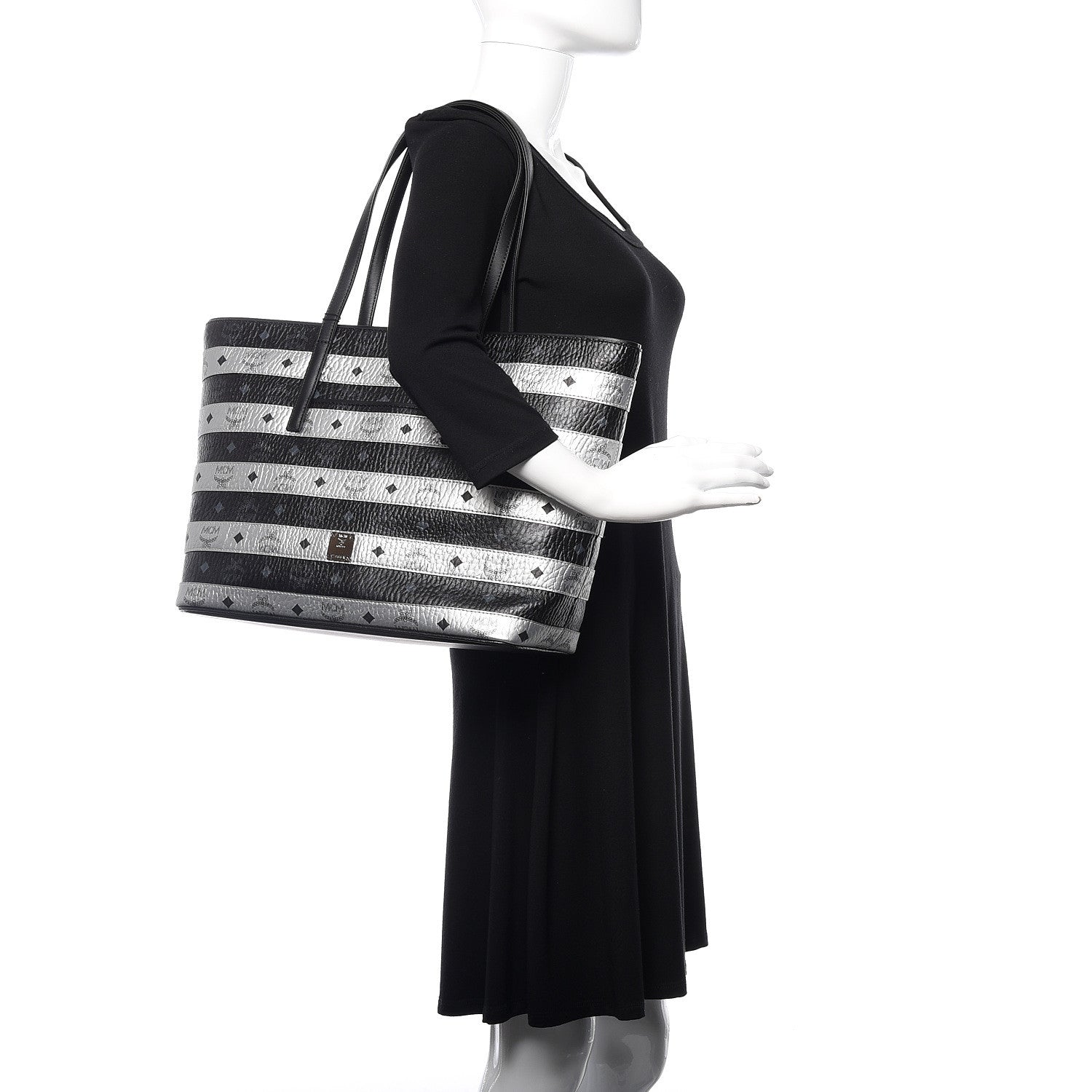 MCM Metallic Visetos Striped Medium Anya Shopper Tote Black Silver 2 of 11