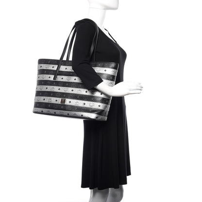 MCM Metallic Visetos Striped Medium Anya Shopper Tote Black Silver 2 of 11
