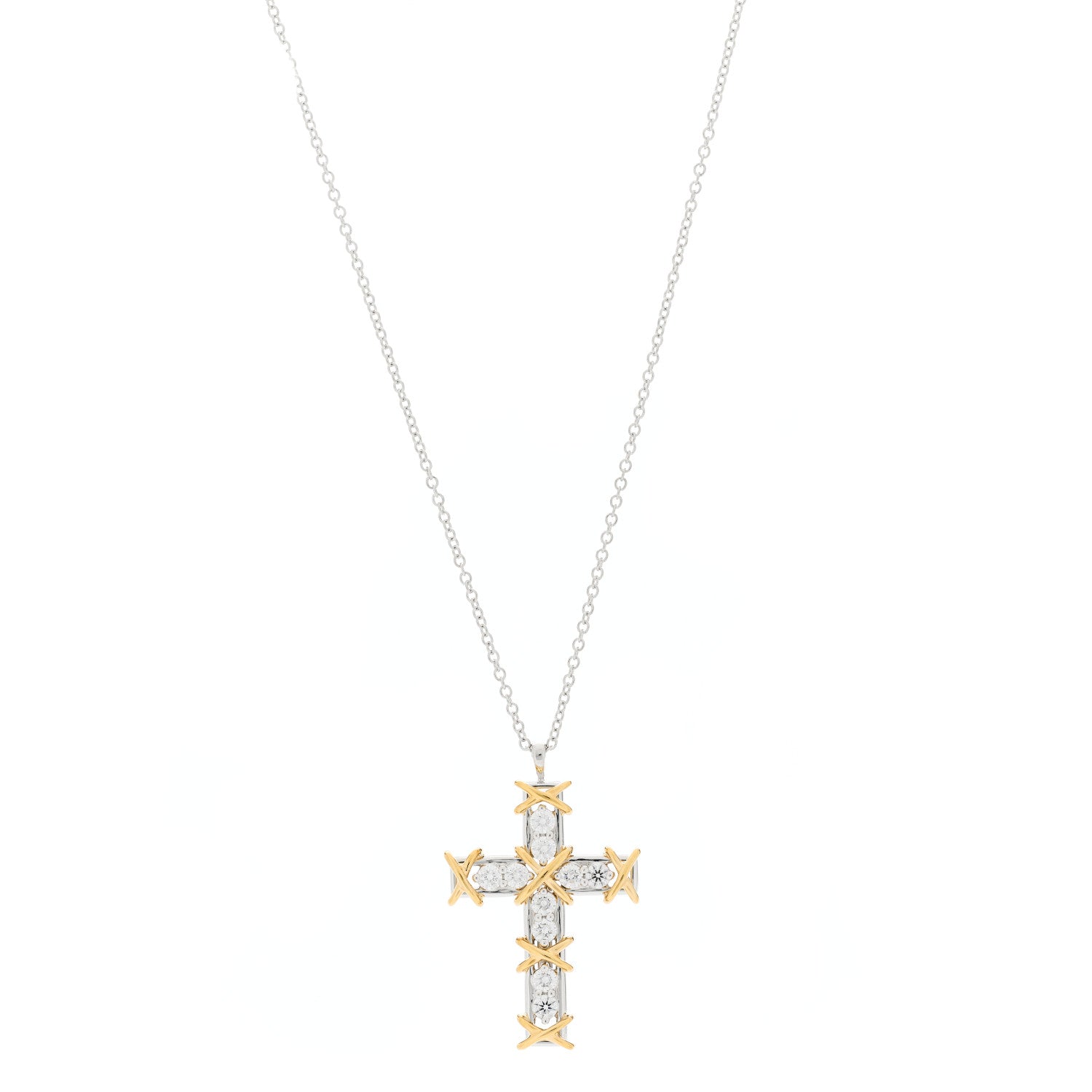 Tiffany Platinum 18K Yellow Gold Diamond Schlumberger Ten Stone Cross Pendant Necklace 1 of 5