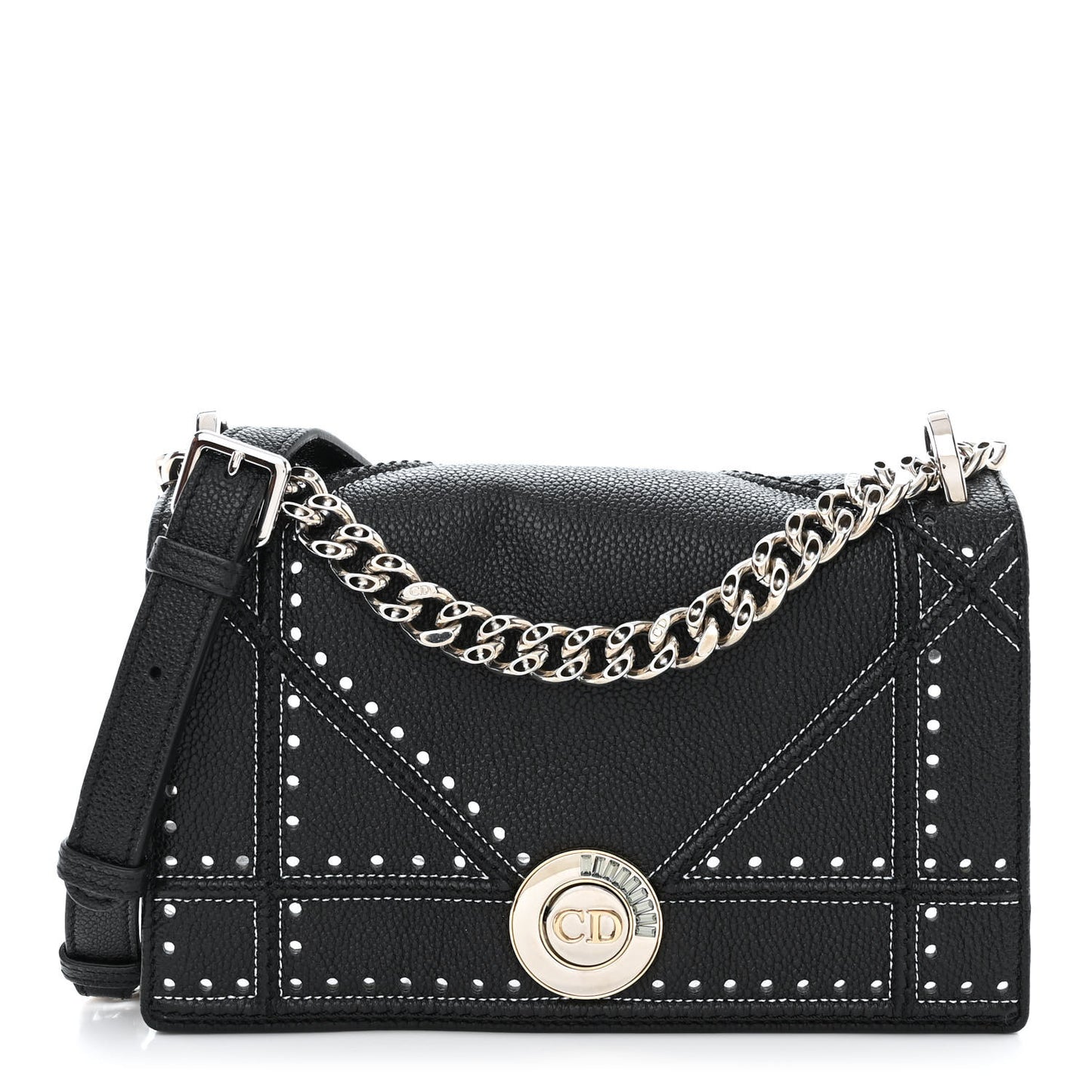 Grained Calfskin Perforated Diorama Flap Bag Black