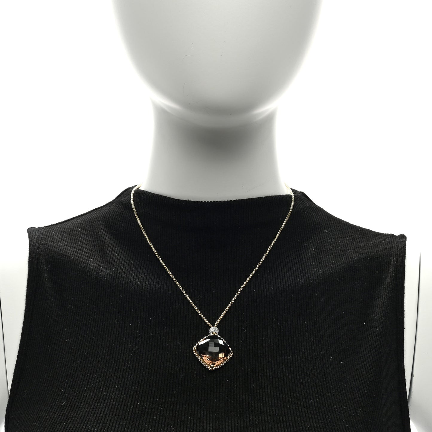 18K Yellow Gold Diamond Smoky Quartz Cushion on Point Pendant Necklace