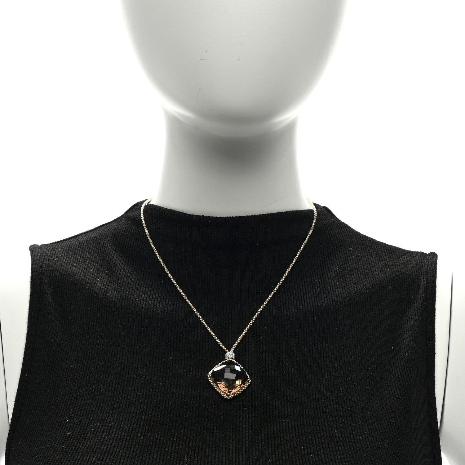 David Yurman 18K Yellow Gold Diamond Smoky Quartz Cushion on Point Pendant Necklace 2 of 4