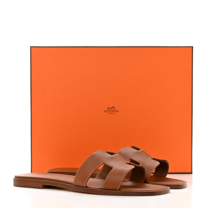 Hermes Box Calfskin Oran Sandals 37.5 Gold 8 of 8