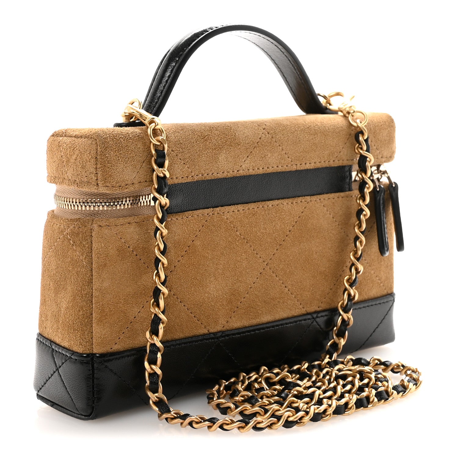 Chanel Suede Calfskin Shiny Lambskin Quilted Top Handle Slim Vanity Case With Chain Beige Black 3 of 10