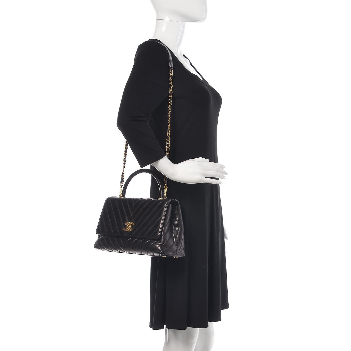 Calfskin Chevron Quilted Small Coco Handle Flap Black
