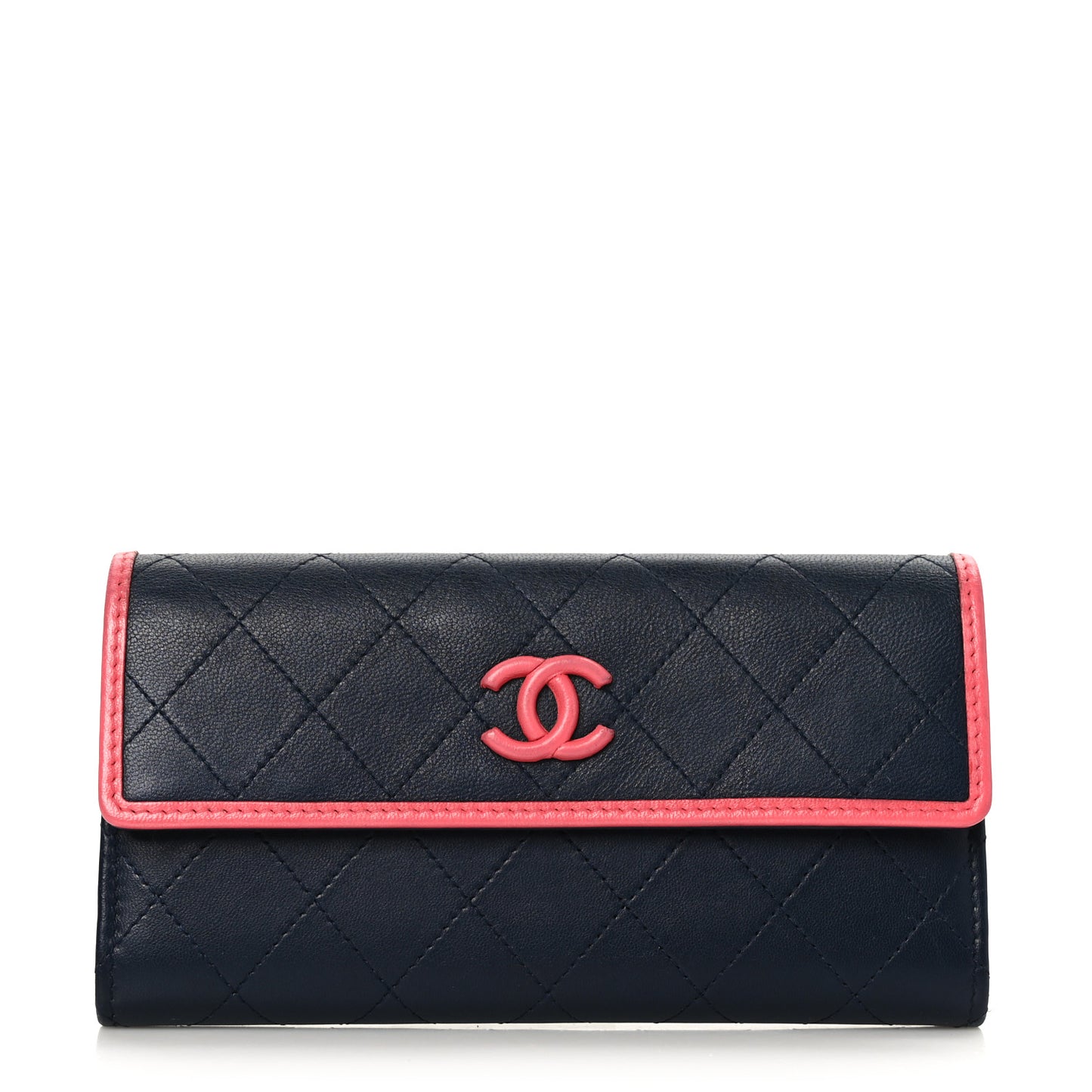 Lambskin Quilted Large Gusset Flap Wallet Navy Pink