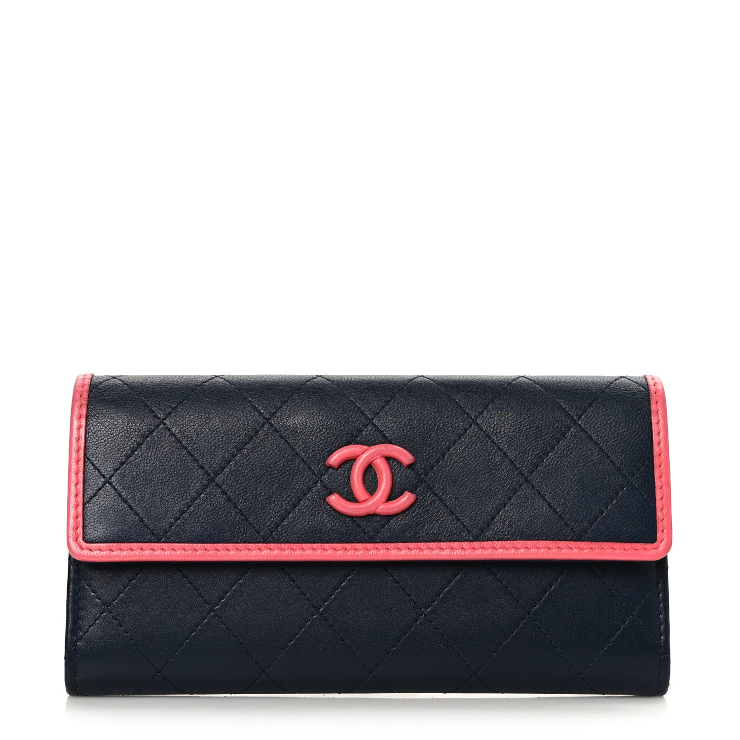 Chanel Lambskin Quilted Large Gusset Flap Wallet Navy Pink 1 of 9