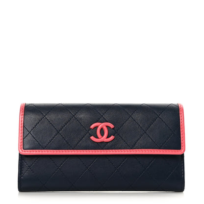 Chanel Lambskin Quilted Large Gusset Flap Wallet Navy Pink 1 of 9
