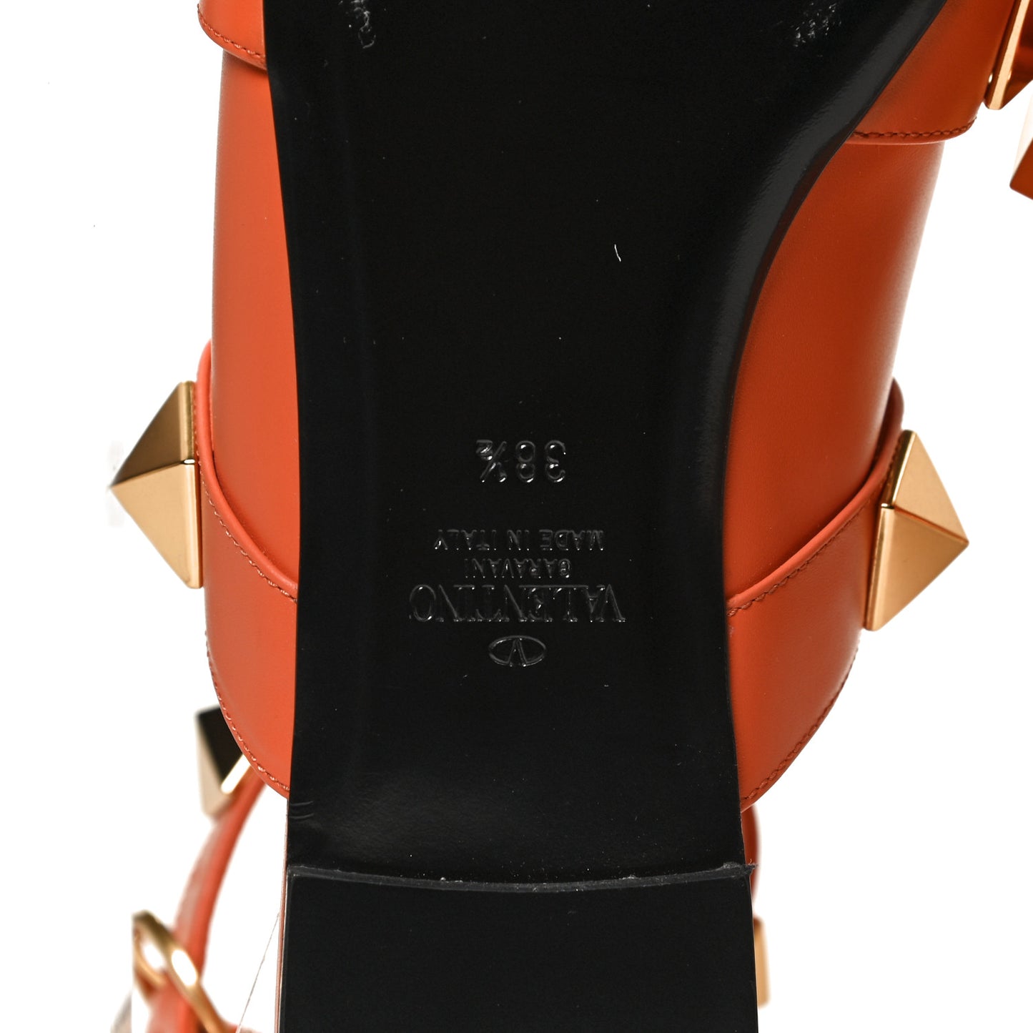 Calfskin Roman Stud Ankle Strap Flat Mules 38.5 Orange Zest
