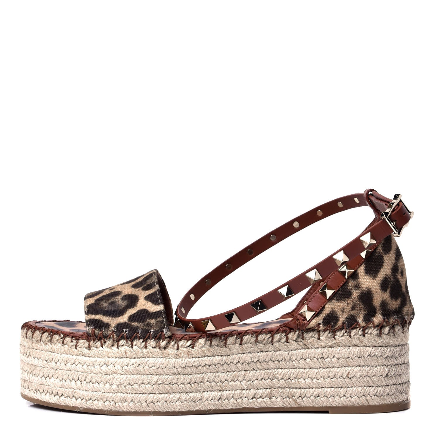 Valentino Garavani Canvas Leopard Print Rockstud Ankle Wrap Espadrille Flatform Sandals 39 Brown 1 of 6