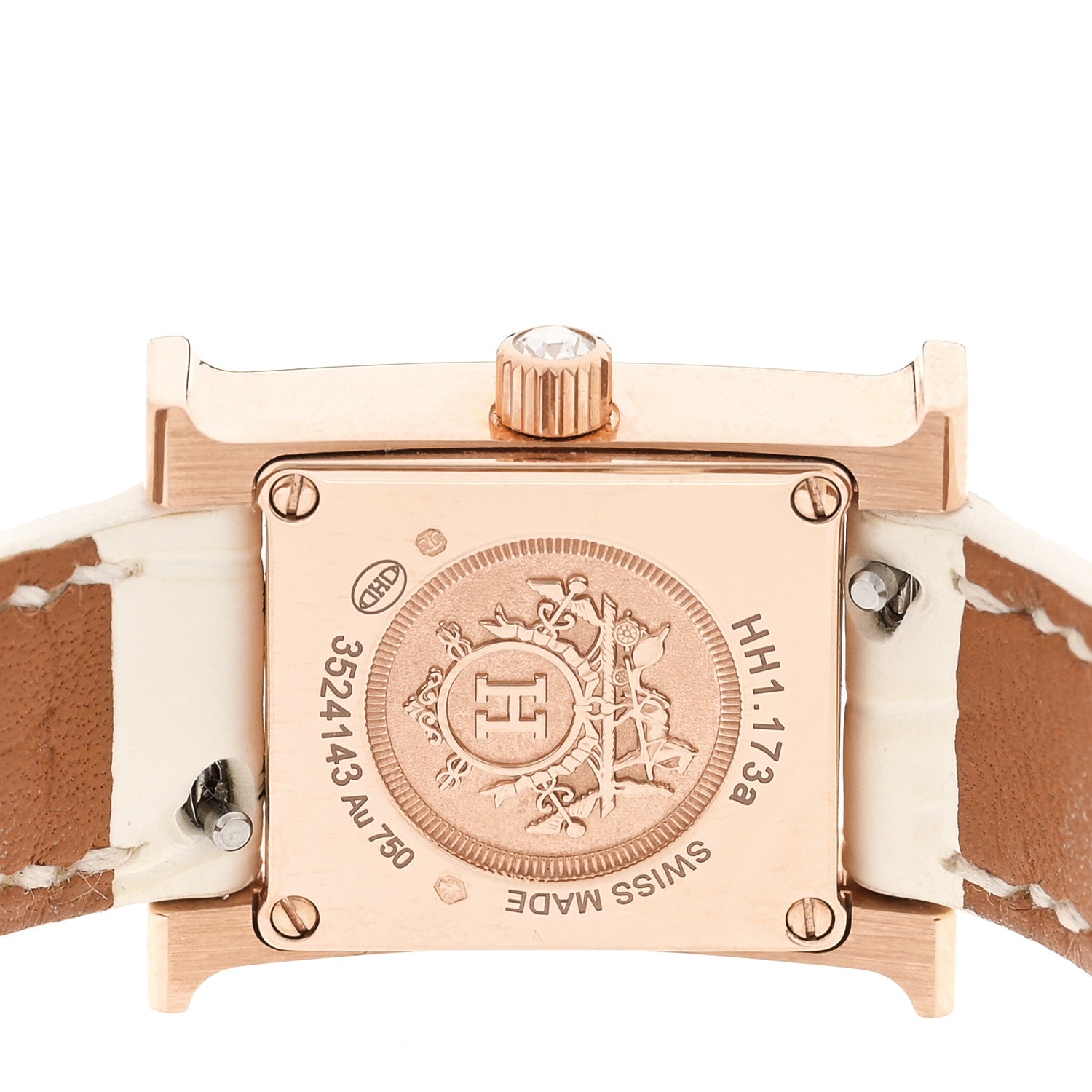 Hermes 18K Rose Gold Alligator Diamond Pave 17.2mm Heure H Hour Quartz Watch Blanc 4 of 7