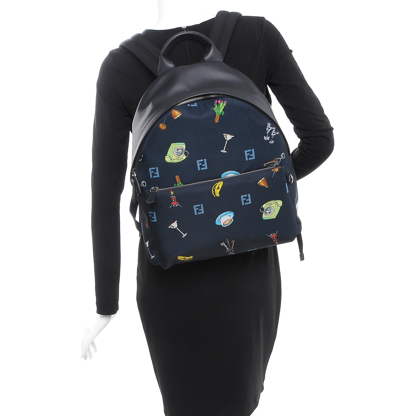 Nylon Calfskin Print Backpack Navy Multicolor