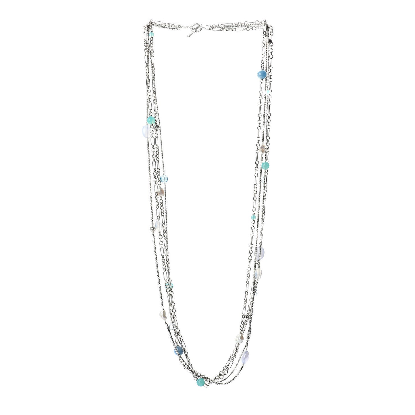 Sterling Silver Quartz Blue Topaz Pearl Chalcedony Aquamarine Multi Strand Necklace